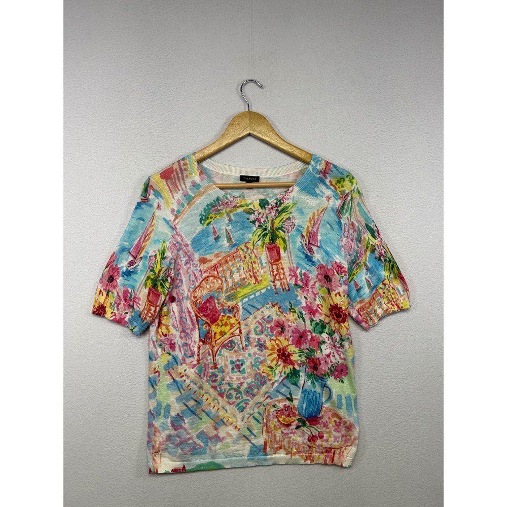 Coastal Nautical Preppy Talbots Womens Size Medium Multi Color Scenic Knit Top